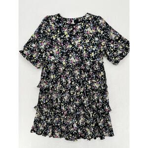 Code Mode Black Floral Tiered Mini Dress Medium Ruffle Sleeve